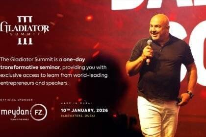 Dariush Soudi is presenting on stage at Gladiator Summit, a high-energy leadership and business seminar featuring global entrepreneurs.